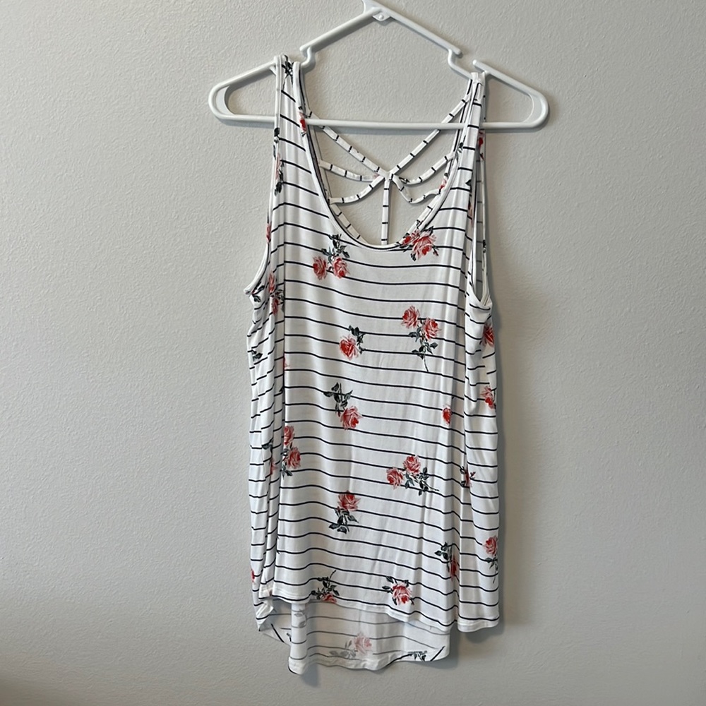 Maurices Stripe/Flower tank top. Size: L Color: White/Pink